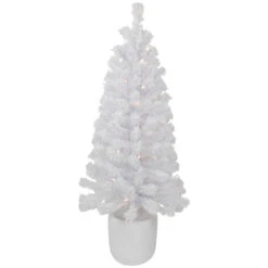 3.5' Pre-Lit Potted Flocked Winter Pine White Tinsel Artificial Christmas Tree, Clear Lights