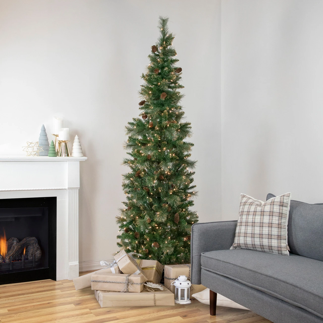 7' Pre-Lit Yorkshire Pine Pencil Artificial Christmas Tree, Clear Lights 4 7' Pre-Lit Yorkshire Pine Pencil Artificial Christmas Tree, Clear Lights - Image 2