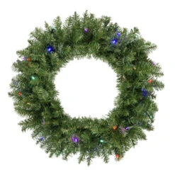 Pre-Lit Rockwood Pine Artificial Christmas Wreath, 24-Inch, Multi LED Lights