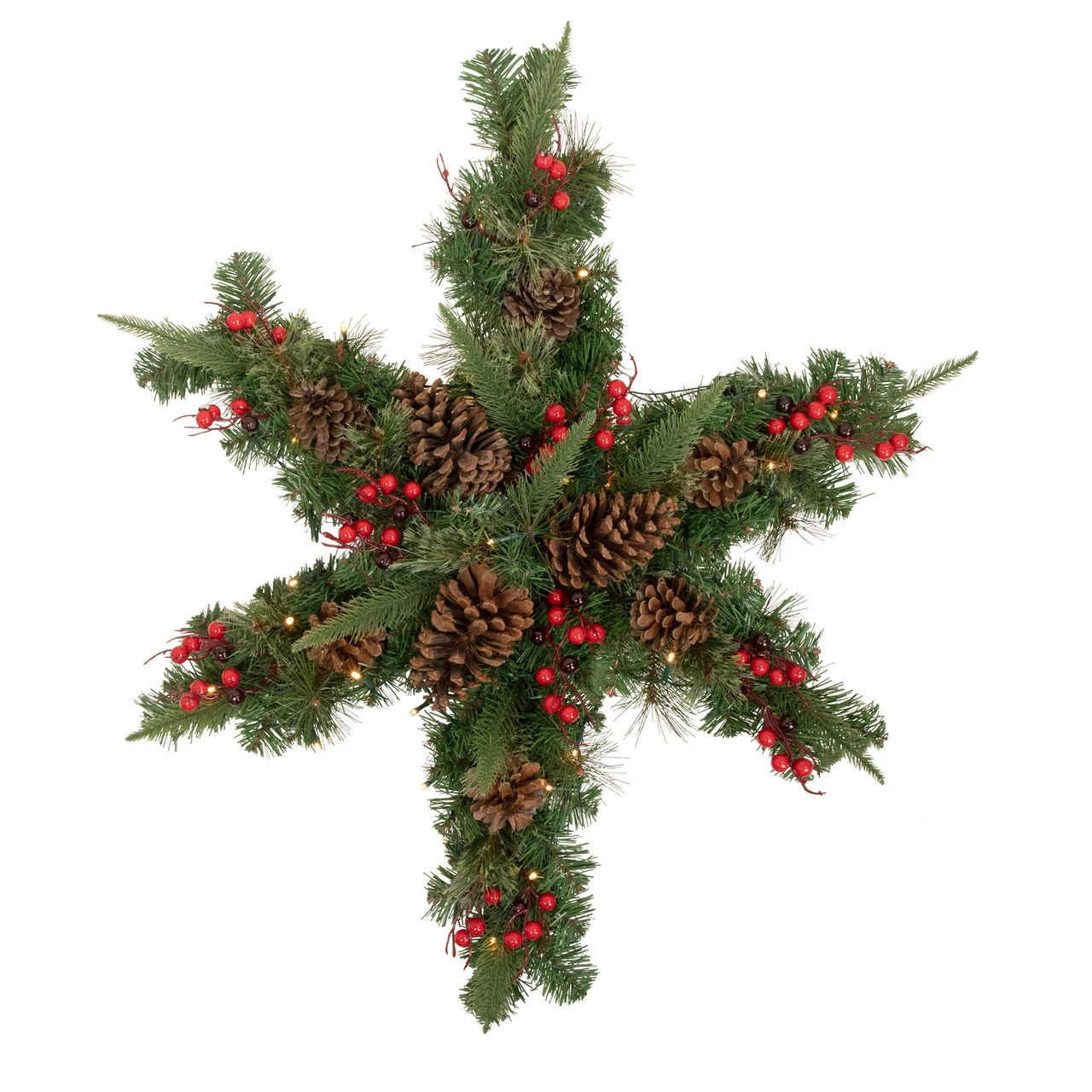32" Pre-Lit Artificial Mixed Pine And Berries Christmas Snowflake Wreath 3 32" Pre-Lit Artificial Mixed Pine And Berries Christmas Snowflake Wreath