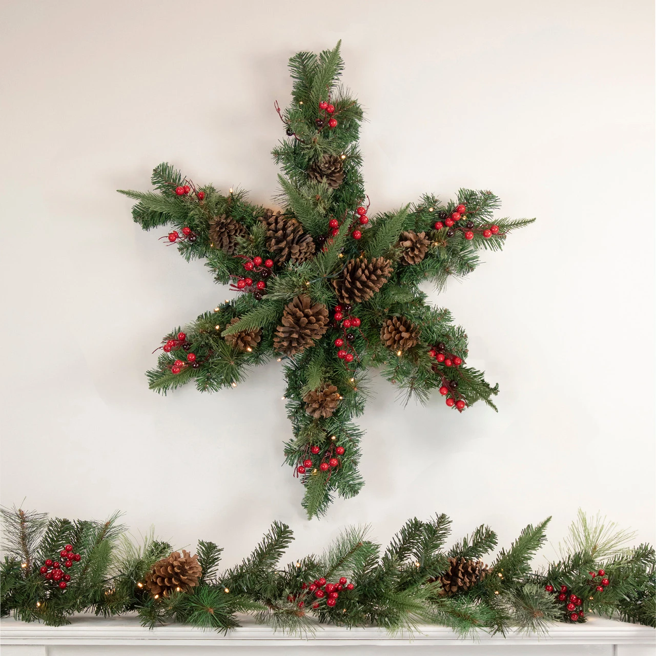 32" Pre-Lit Artificial Mixed Pine And Berries Christmas Snowflake Wreath 4 32" Pre-Lit Artificial Mixed Pine And Berries Christmas Snowflake Wreath - Image 2
