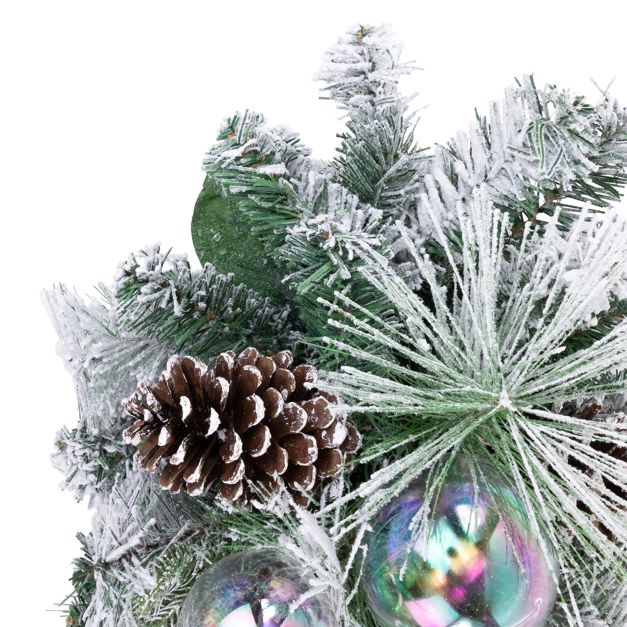 30" Flocked Pine Artificial Christmas Teardrop Swag With Iridescent Ornaments - Unlit 6 30" Flocked Pine Artificial Christmas Teardrop Swag With Iridescent Ornaments - Unlit - Image 4