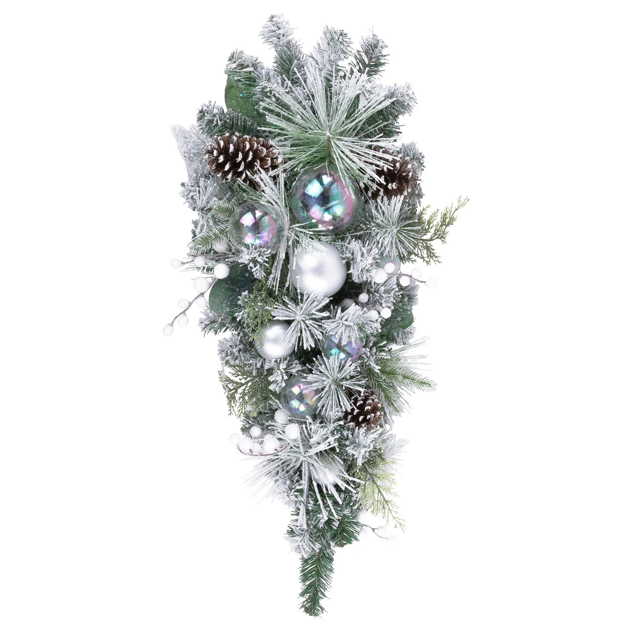 30" Flocked Pine Artificial Christmas Teardrop Swag With Iridescent Ornaments - Unlit 3 30" Flocked Pine Artificial Christmas Teardrop Swag With Iridescent Ornaments - Unlit