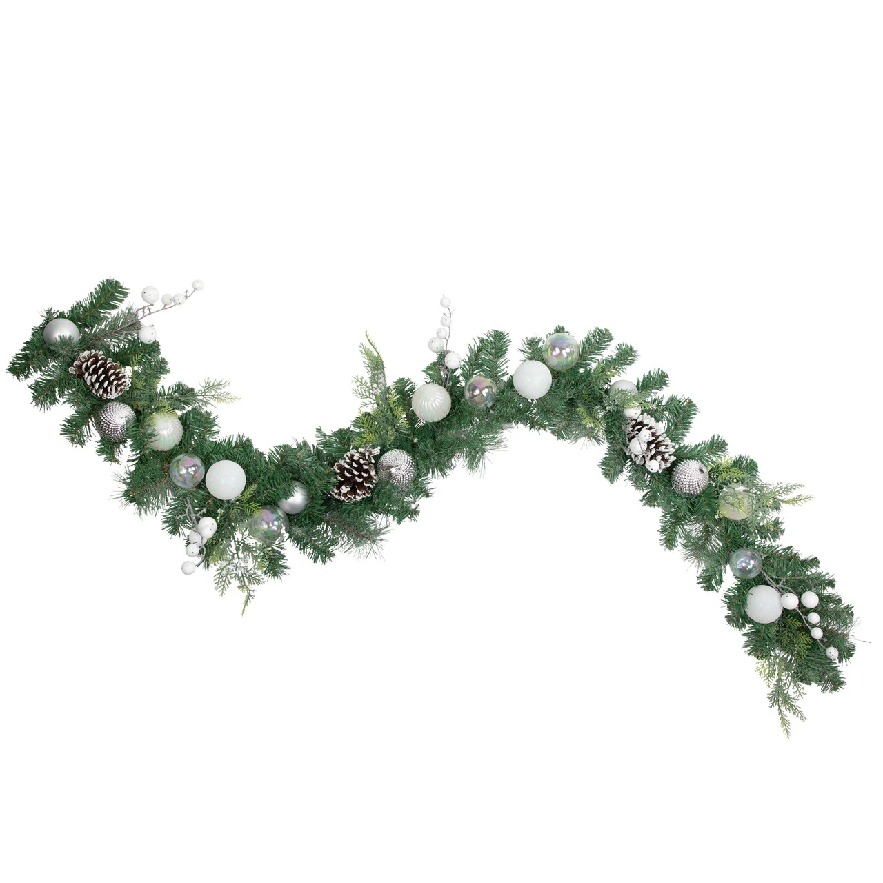 6' Green Pine Artificial Christmas Garland With Berries And Iridescent Ornaments 3 6' Green Pine Artificial Christmas Garland With Berries And Iridescent Ornaments