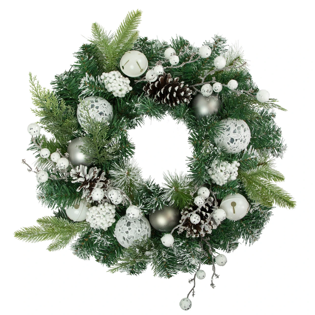 Green Pine Frosted Artificial Christmas Wreath With Laced Ornaments, 24-Inch, Unlit 3 Green Pine Frosted Artificial Christmas Wreath With Laced Ornaments, 24-Inch, Unlit