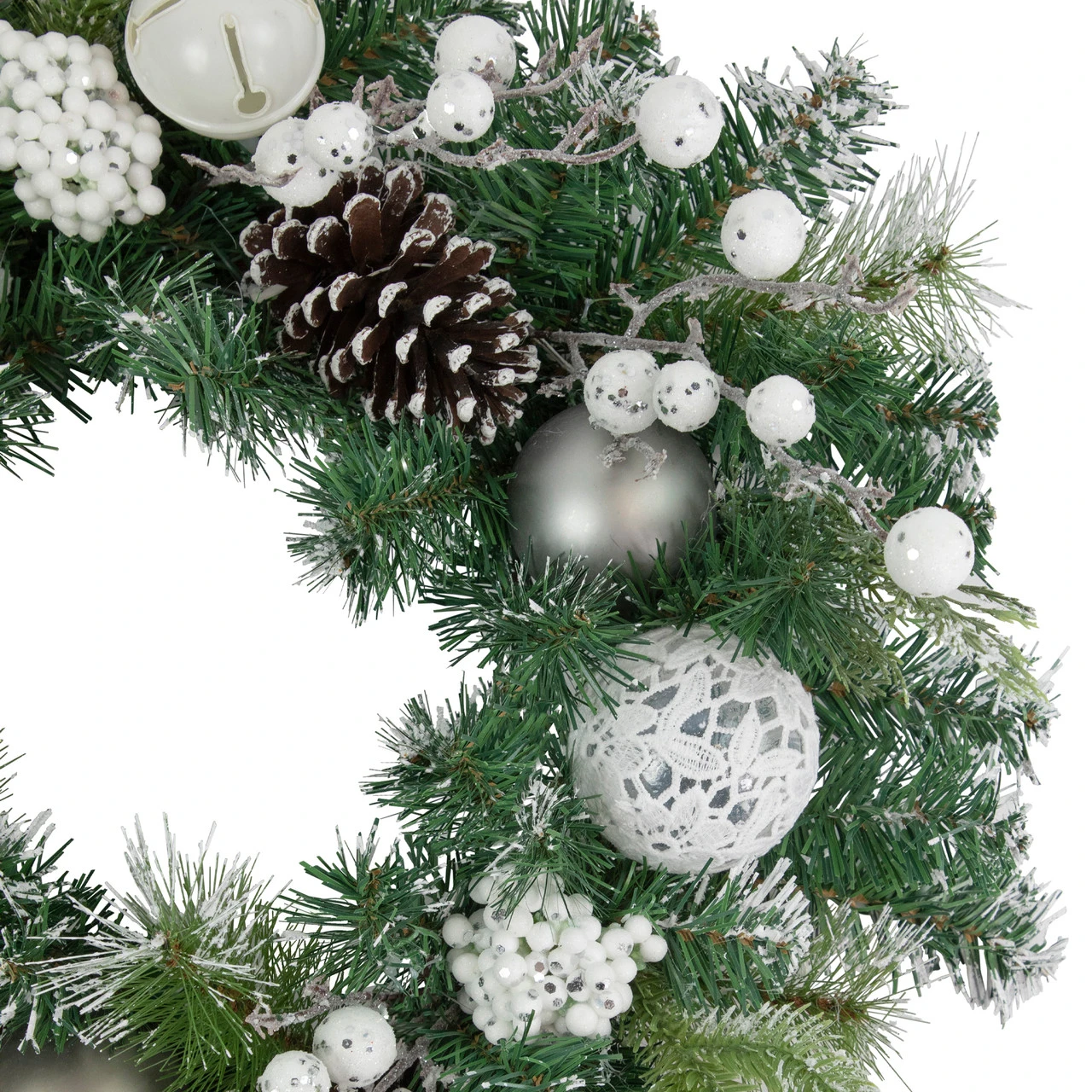 Green Pine Frosted Artificial Christmas Wreath With Laced Ornaments, 24-Inch, Unlit 5 Green Pine Frosted Artificial Christmas Wreath With Laced Ornaments, 24-Inch, Unlit - Image 3