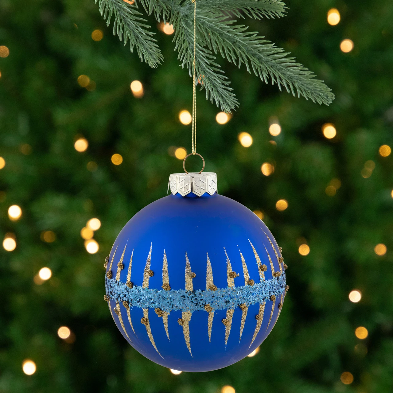 4" Blue And Gold Glitter Glass Ball Christmas Ornament 3 4" Blue And Gold Glitter Glass Ball Christmas Ornament