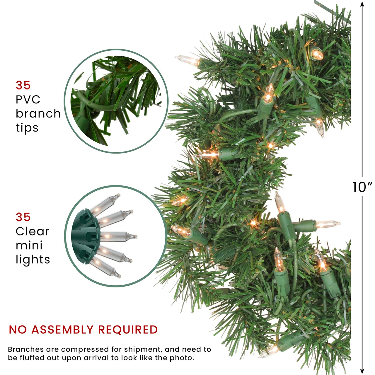 Pre-Lit Deluxe Windsor Pine Artificial Christmas Wreath - 10-Inch, Clear Lights 7 Pre-Lit Deluxe Windsor Pine Artificial Christmas Wreath - 10-Inch, Clear Lights - Image 5