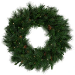 Pre-Lit White Valley Pine Artificial Christmas Wreath With Pinecones, 36-Inch, Clear Lights
