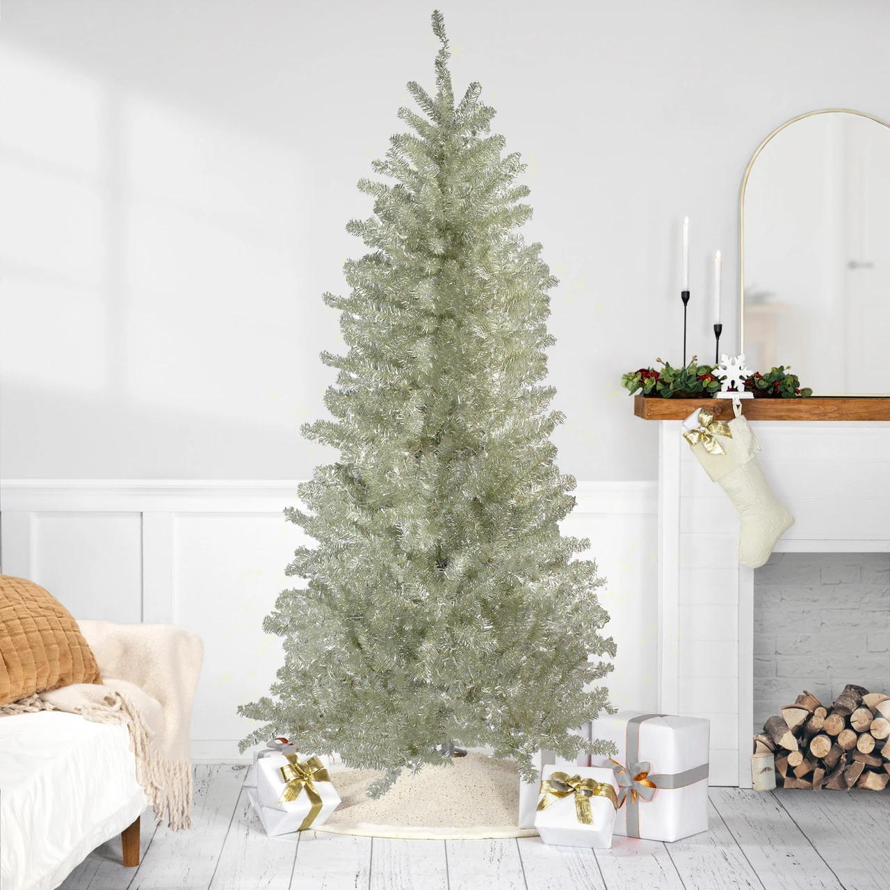 9' Metallic Platinum Artificial Tinsel Christmas Tree - Unlit 3 9' Metallic Platinum Artificial Tinsel Christmas Tree - Unlit