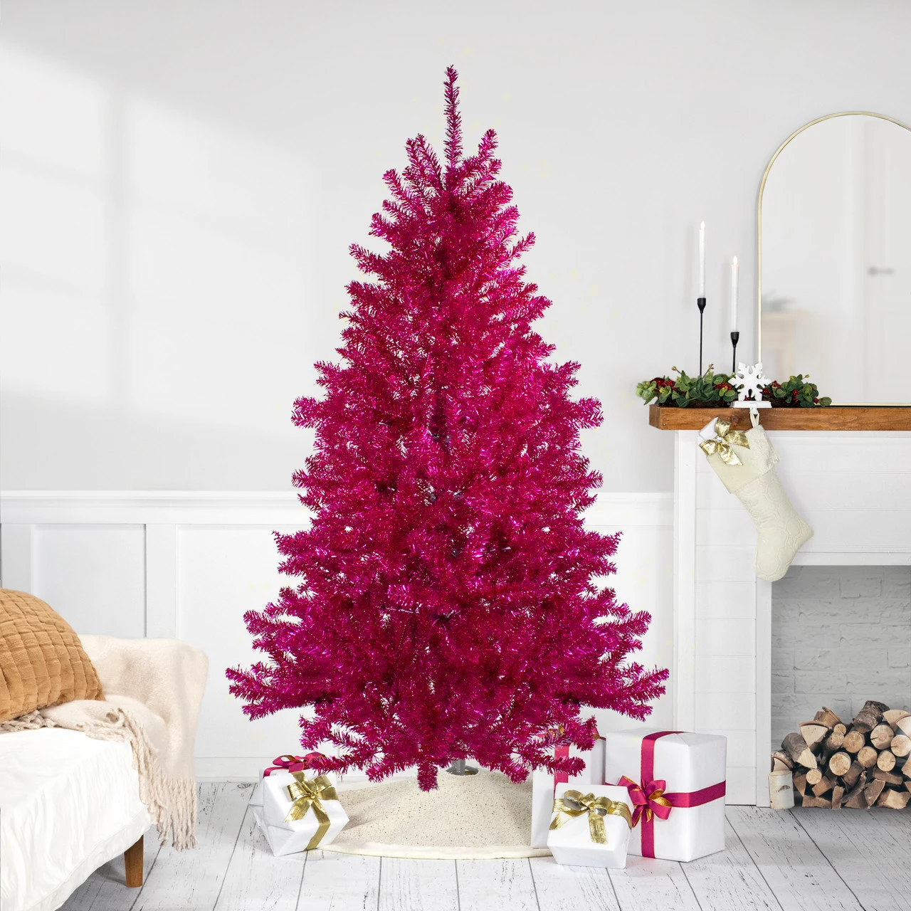 7' Metallic Dark Pink Artificial TinselChristmas Tree - Unlit 3 7' Metallic Dark Pink Artificial TinselChristmas Tree - Unlit