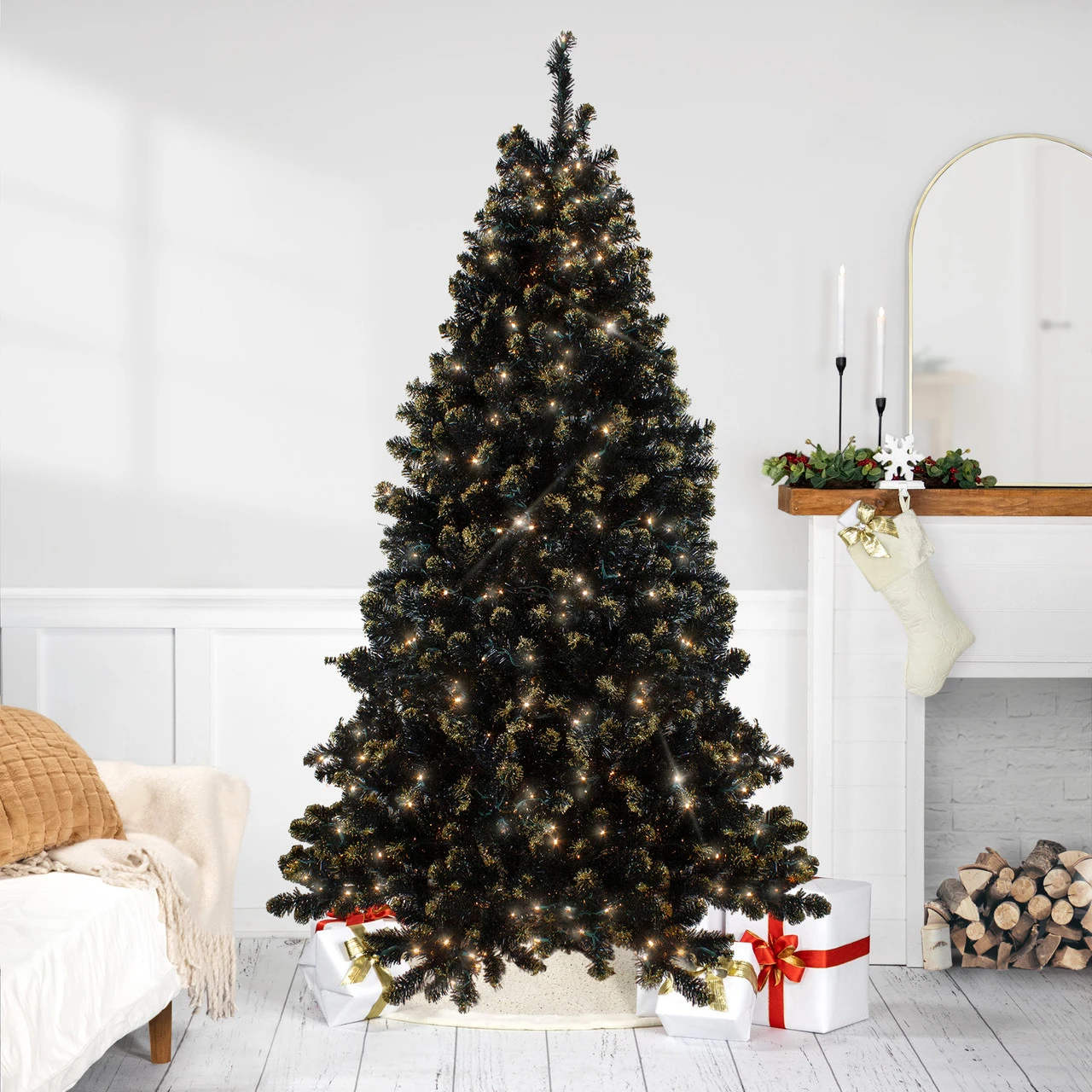 Pre-Lit LED Black Crystal Pine With Gold Glitter Artificial Christmas Tree - 7.5 Ft Clear Lights 3 Pre-Lit LED Black Crystal Pine With Gold Glitter Artificial Christmas Tree - 7.5 Ft Clear Lights