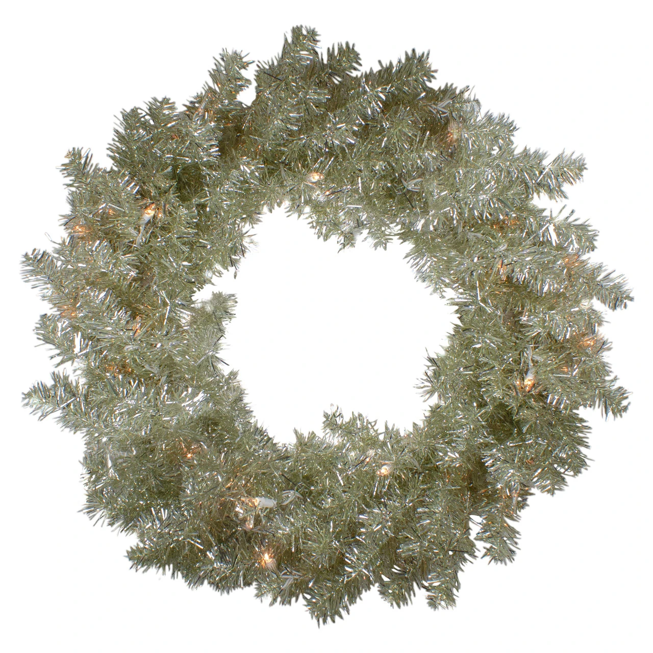 Pre-Lit Metallic Silver And Champagne Artificial Tinsel Christmas Wreath, 24 Inch, Clear Lights 3 Pre-Lit Metallic Silver And Champagne Artificial Tinsel Christmas Wreath, 24 Inch, Clear Lights