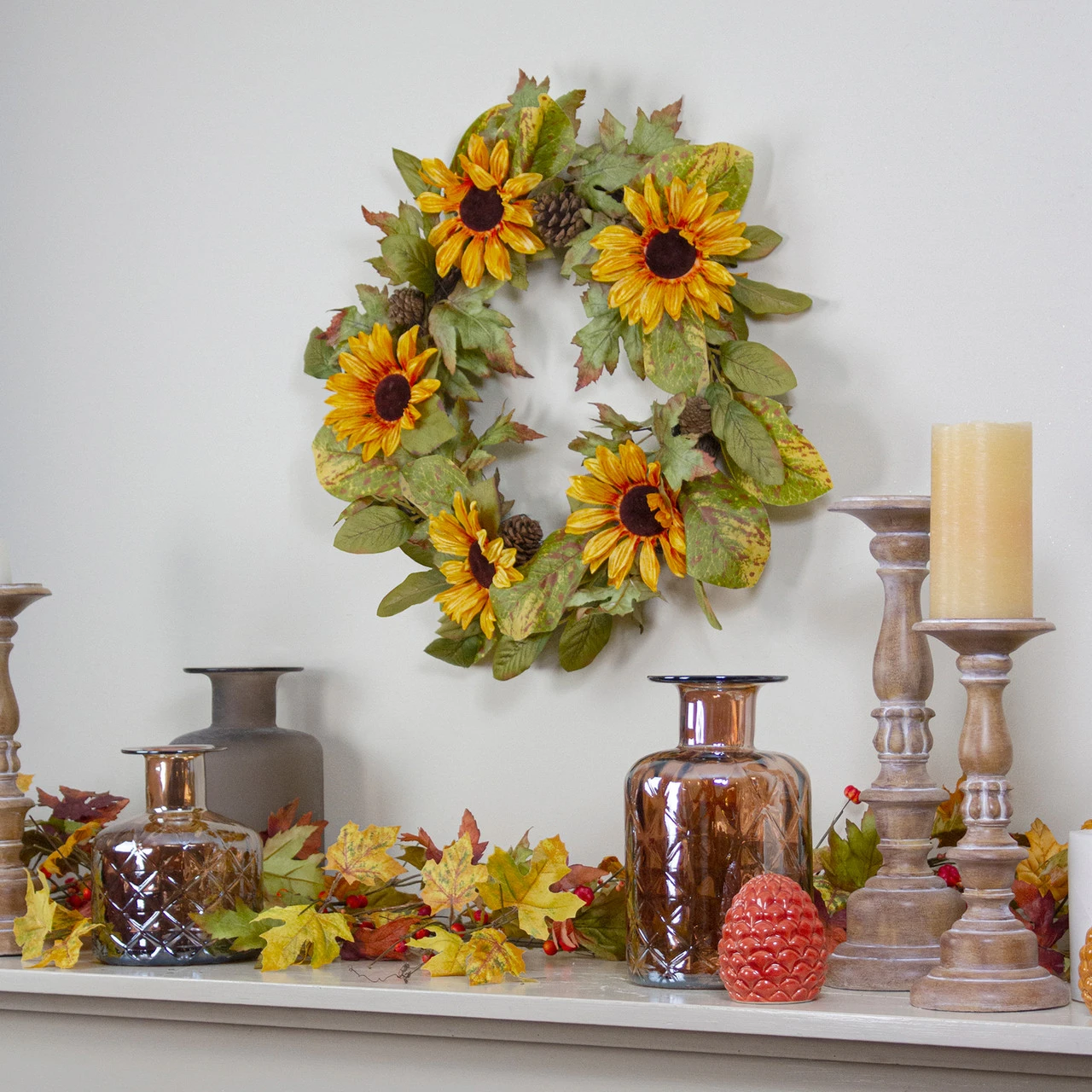 Yellow Sunflower And Pine Cone Artificial Fall Harvest Wreath - 24 Inch, Unlit 4 Yellow Sunflower And Pine Cone Artificial Fall Harvest Wreath - 24 Inch, Unlit - Image 2