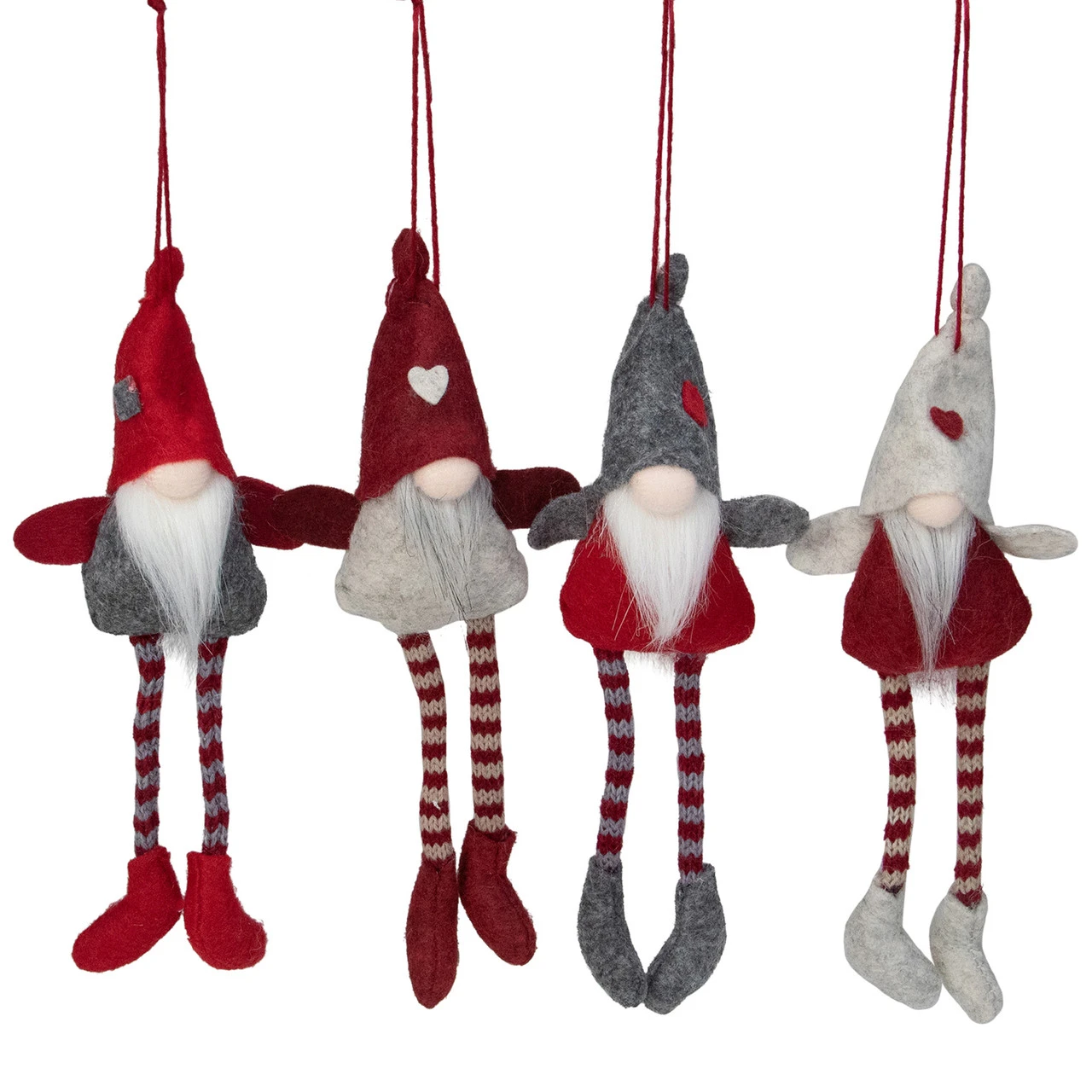 Set Of 4 Red And Gray Plush Gnome Christmas Ornaments 9" 3 Set Of 4 Red And Gray Plush Gnome Christmas Ornaments 9"