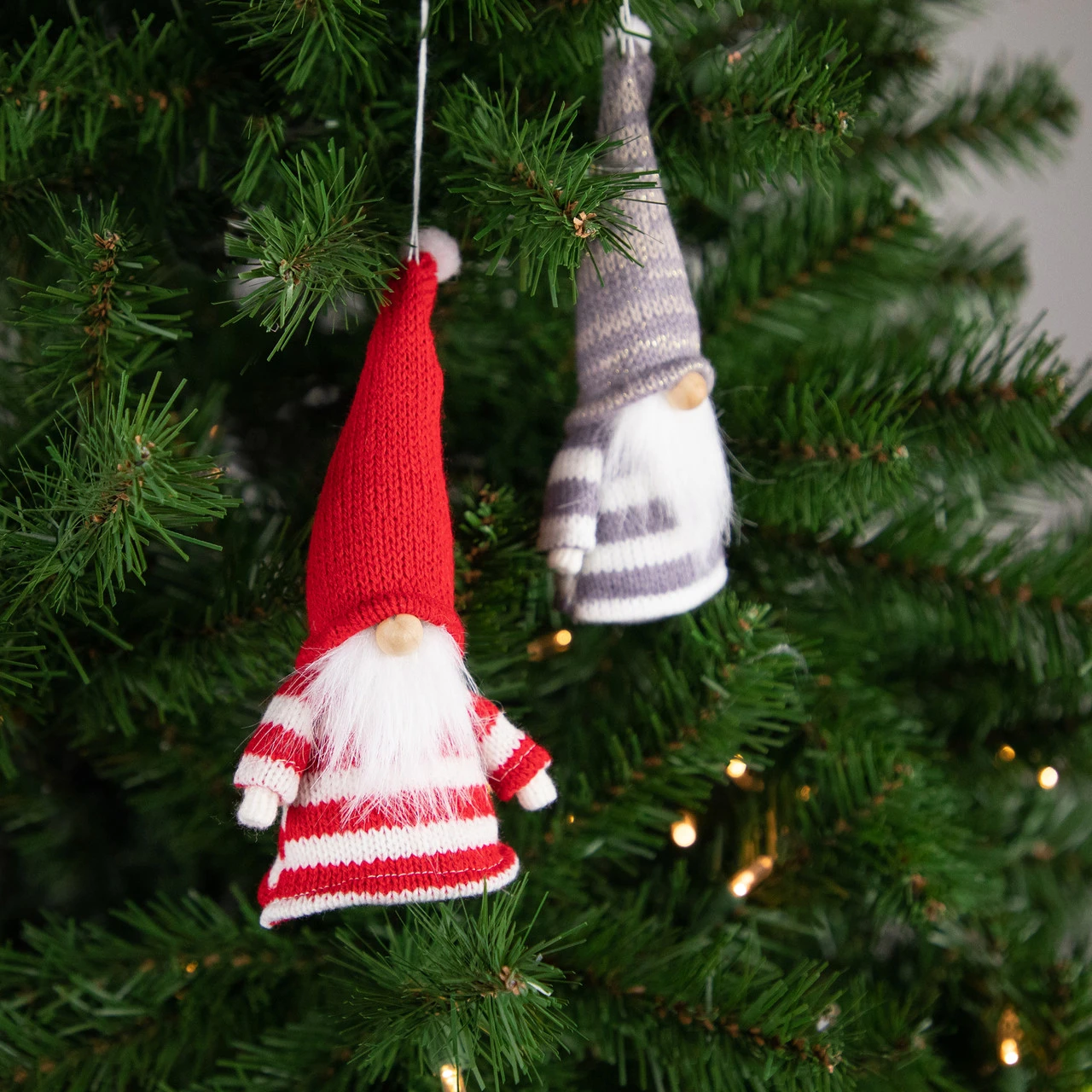 Set Of 2 Red And Gray Striped Gnome Plush Christmas Ornaments 6.25" 4 Set Of 2 Red And Gray Striped Gnome Plush Christmas Ornaments 6.25" - Image 2