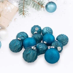 12ct Teal Blue 3-Finish Christmas Ornaments 3.75" (95mm)