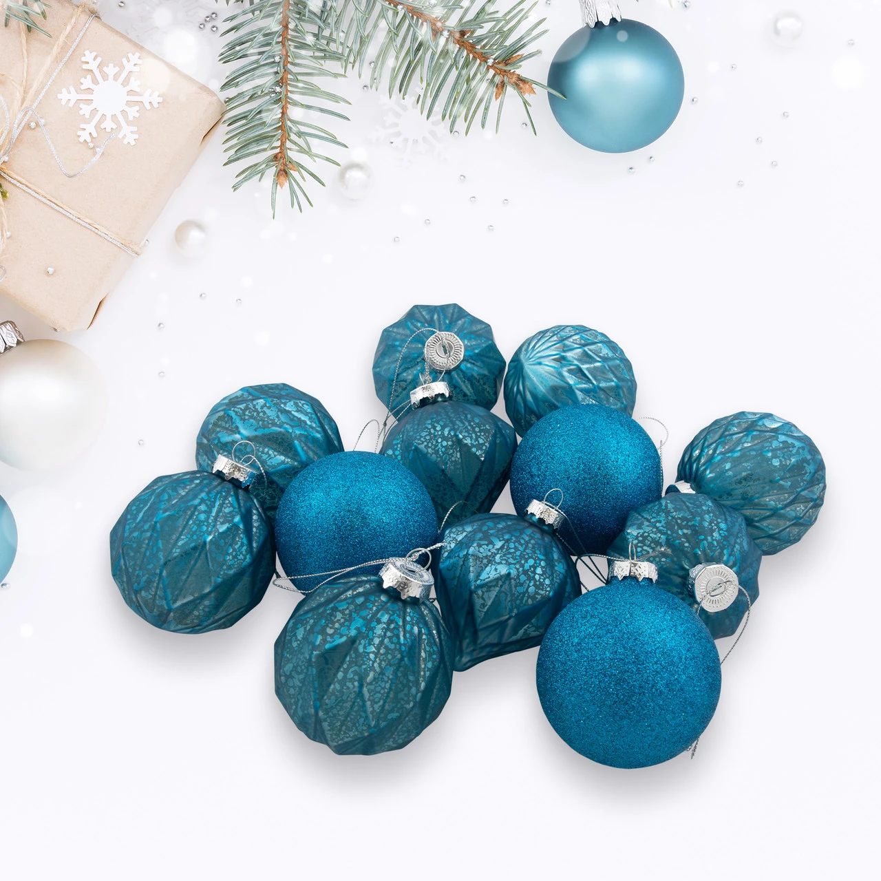 12ct Teal Blue 3-Finish Christmas Ornaments 3.75" (95mm) 3 12ct Teal Blue 3-Finish Christmas Ornaments 3.75" (95mm)