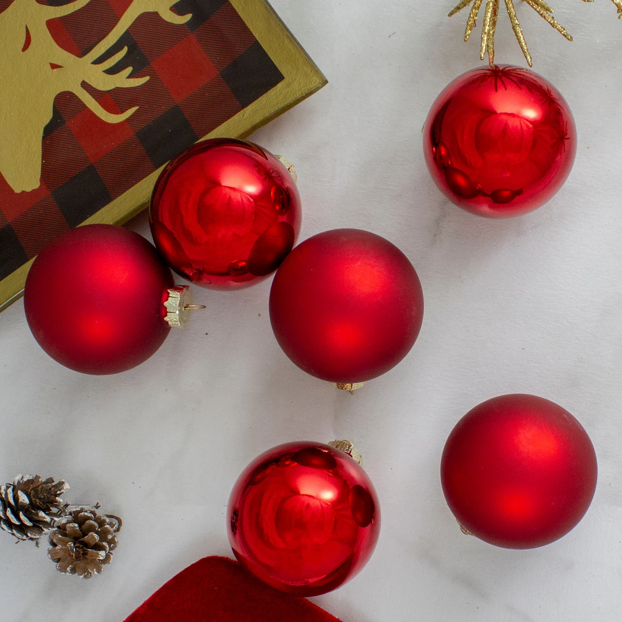 6ct Red Glass 2-Finish Christmas Ball Ornaments 3.25" (80mm) 4 6ct Red Glass 2-Finish Christmas Ball Ornaments 3.25" (80mm) - Image 2