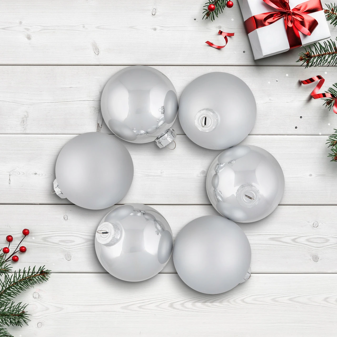 6ct Silver Shiny And Matte Christmas Ball Ornaments 3.25" (80mm) 3 6ct Silver Shiny And Matte Christmas Ball Ornaments 3.25" (80mm)