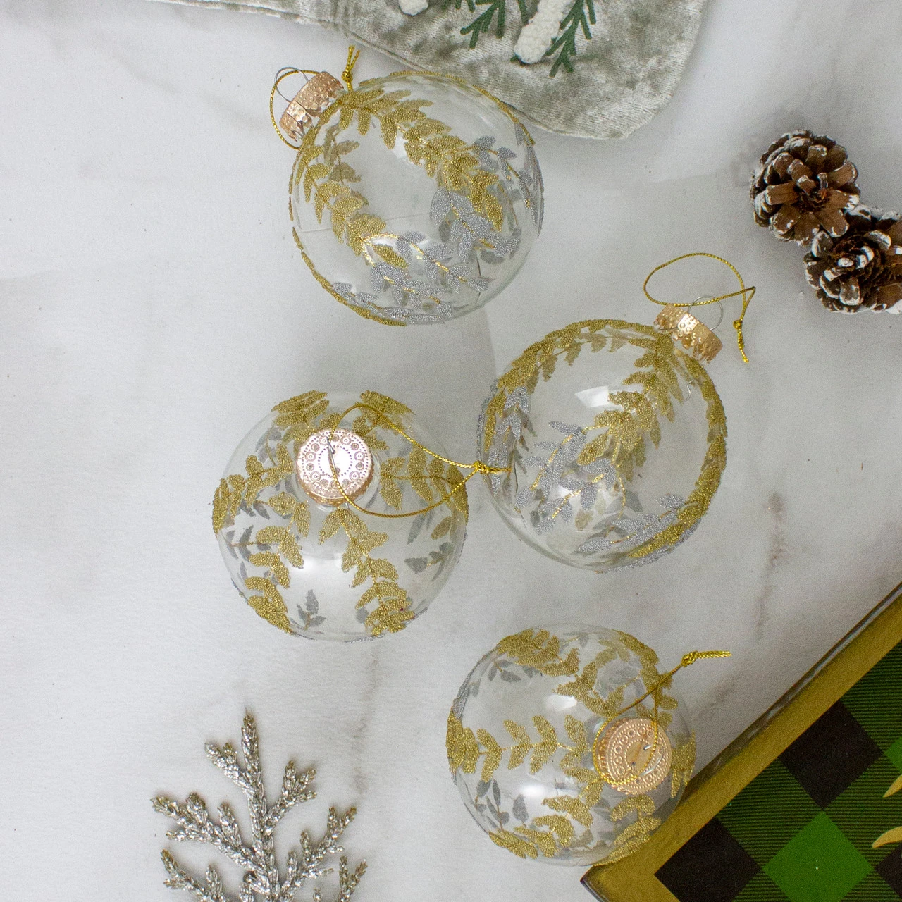 4ct Clear And Gold Glitter Leaves Glass Christmas Ball Ornament 3.25" (80mm) 5 4ct Clear And Gold Glitter Leaves Glass Christmas Ball Ornament 3.25" (80mm) - Image 3