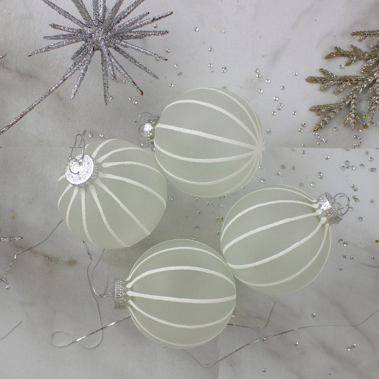 4ct Clear Frosted And White Glitter Striped Matte Glass Christmas Ball Ornaments 3.5" (90mm) 5 4ct Clear Frosted And White Glitter Striped Matte Glass Christmas Ball Ornaments 3.5" (90mm) - Image 3