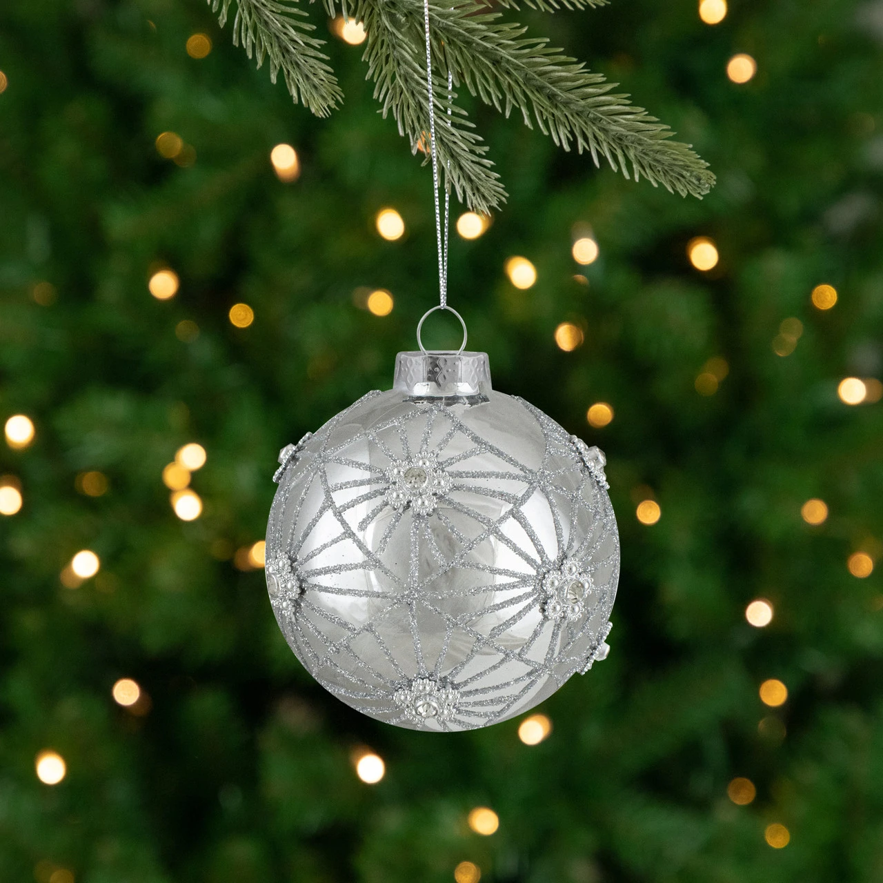 4ct Silver With Floral Gem Christmas Ball Ornaments 3.25-Inch (80mm) 3 4ct Silver With Floral Gem Christmas Ball Ornaments 3.25-Inch (80mm)