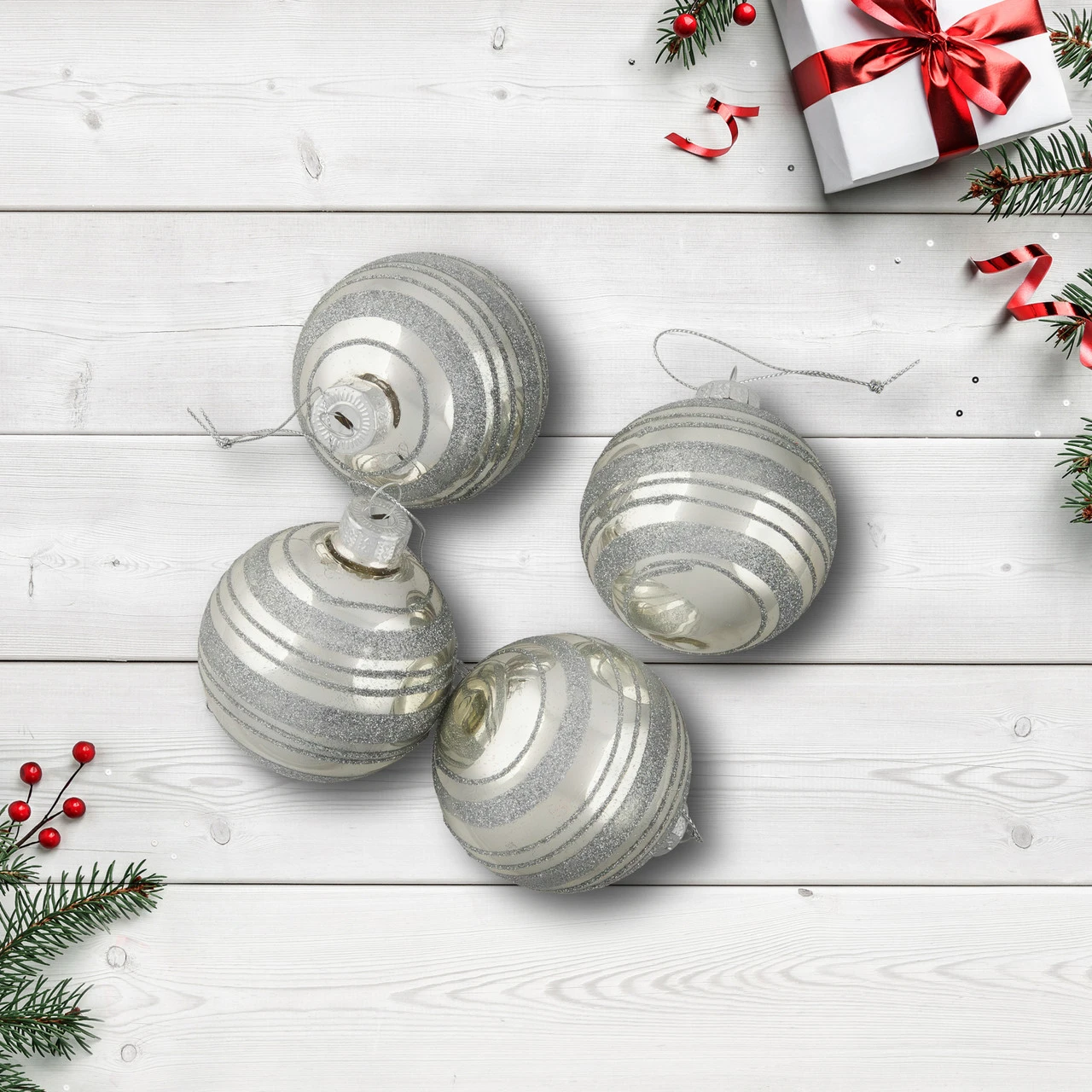 Set Of 4 Silver Christmas Ball Ornaments 2.5" (67mm) 5 Set Of 4 Silver Christmas Ball Ornaments 2.5" (67mm) - Image 3