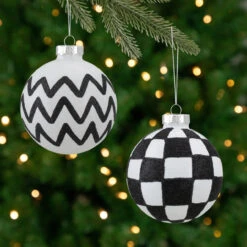 4ct Black And White Zig Zag And Checkered Christmas Glass Ball Ornaments 2.75" (67mm)