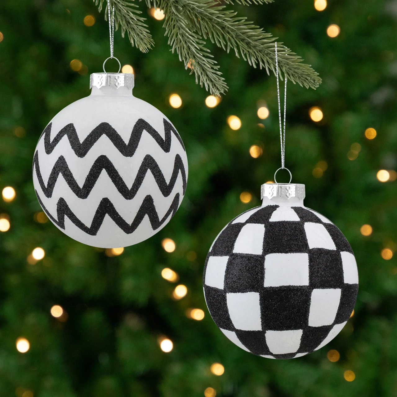 4ct Black And White Zig Zag And Checkered Christmas Glass Ball Ornaments 2.75" (67mm) 3 4ct Black And White Zig Zag And Checkered Christmas Glass Ball Ornaments 2.75" (67mm)