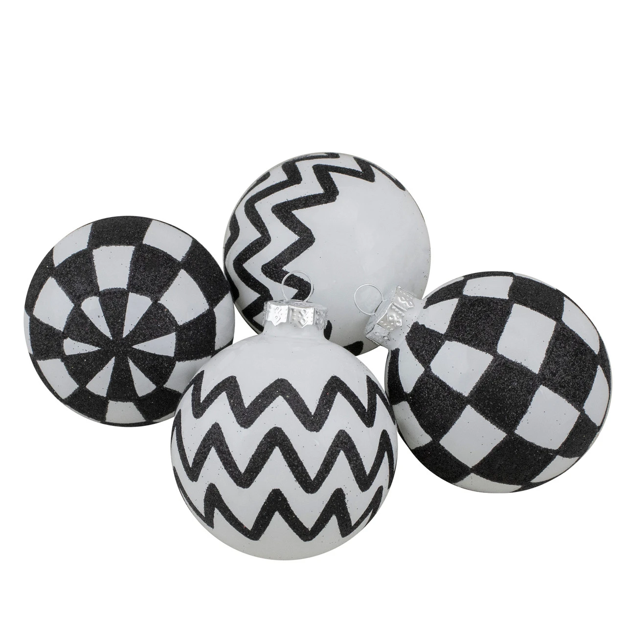 4ct Black And White Zig Zag And Checkered Christmas Glass Ball Ornaments 2.75" (67mm) 4 4ct Black And White Zig Zag And Checkered Christmas Glass Ball Ornaments 2.75" (67mm) - Image 2