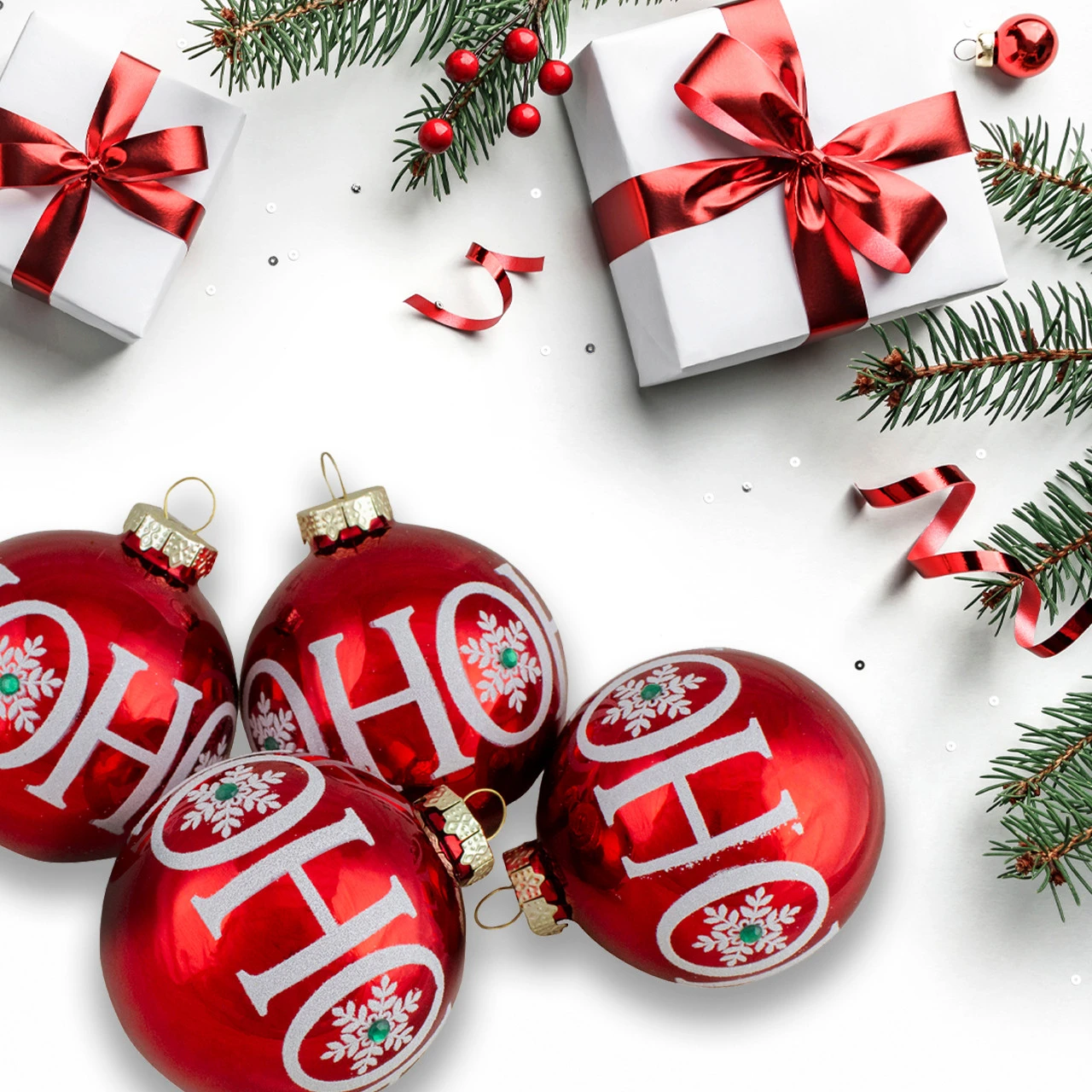 Set Of 4 Red Ho Ho Ho Glass Ball Christmas Ornaments 3.25-Inch (80mm) 3 Set Of 4 Red Ho Ho Ho Glass Ball Christmas Ornaments 3.25-Inch (80mm)