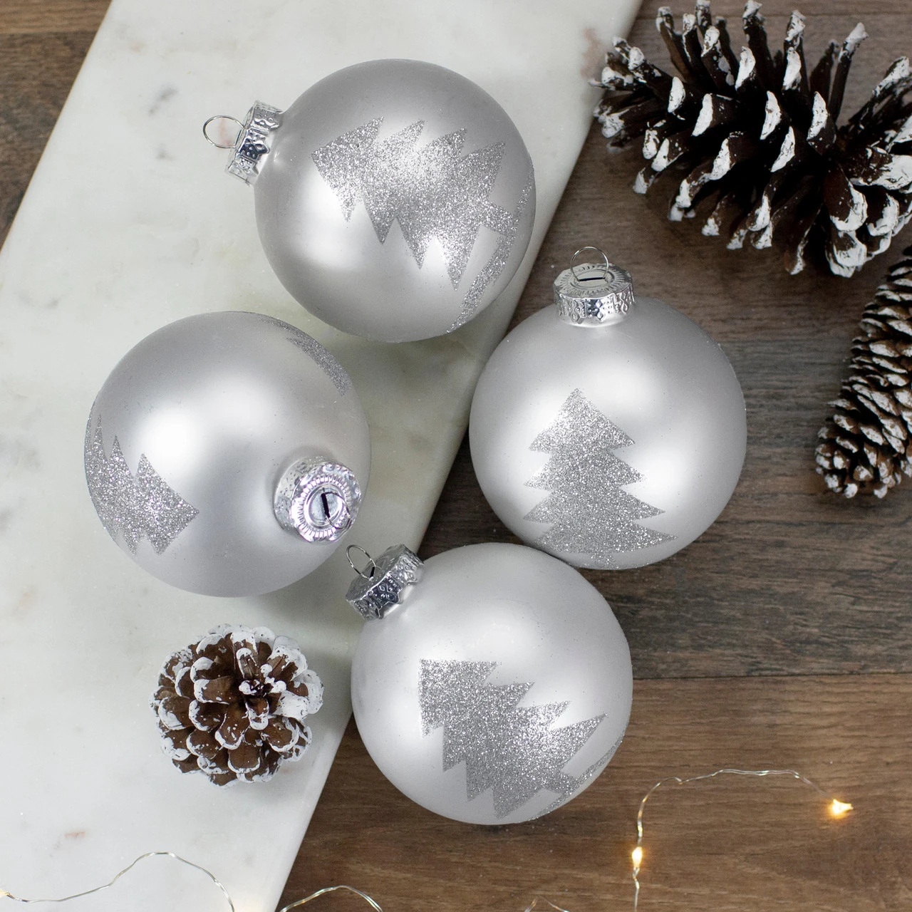 Set Of 4 Silver Glass Ball Christmas Ornaments 3.25" (80mm) 4 Set Of 4 Silver Glass Ball Christmas Ornaments 3.25" (80mm) - Image 2