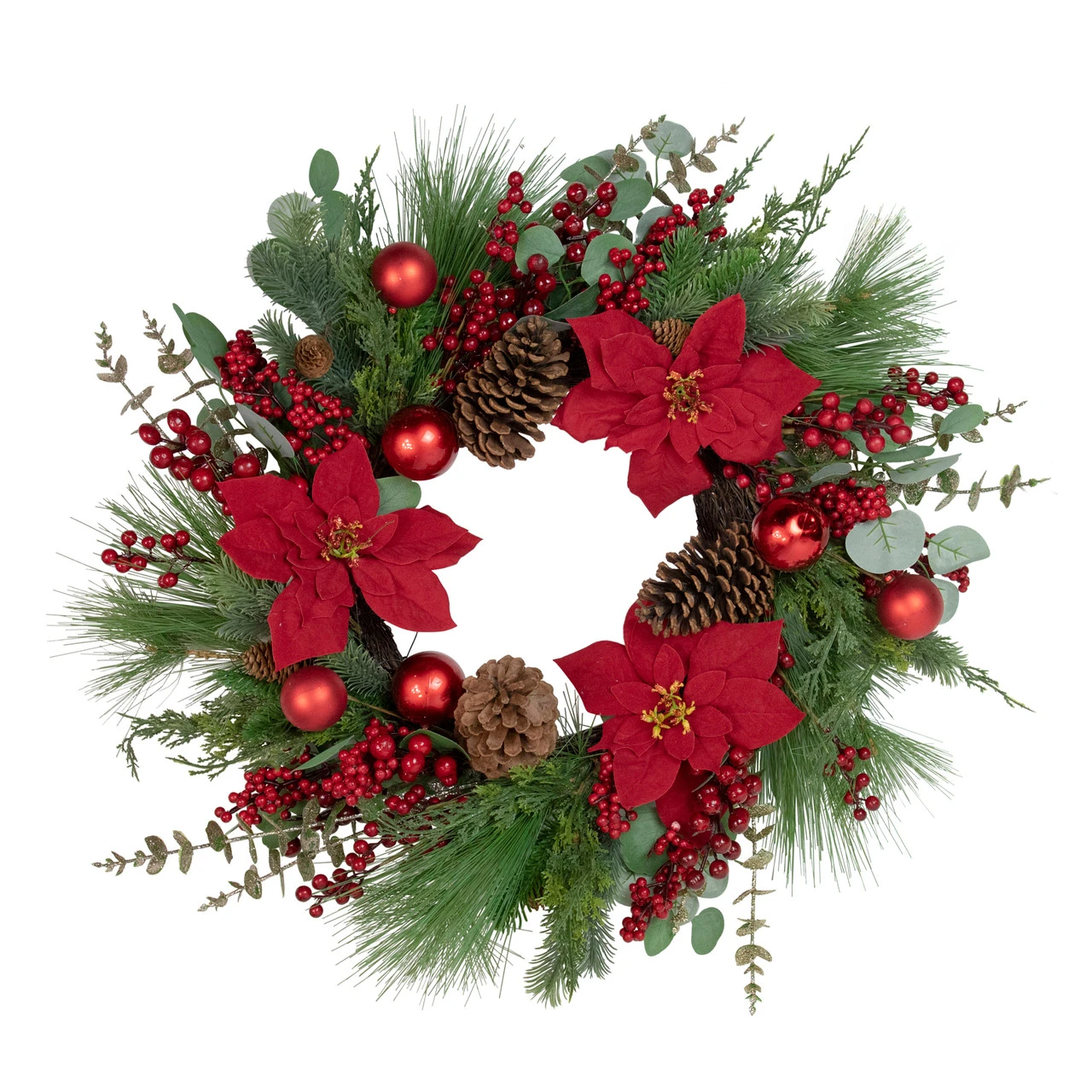 Artificial Red Berry And Poinsettia Christmas Wreath, 28-Inch, Unlit 3 Artificial Red Berry And Poinsettia Christmas Wreath, 28-Inch, Unlit