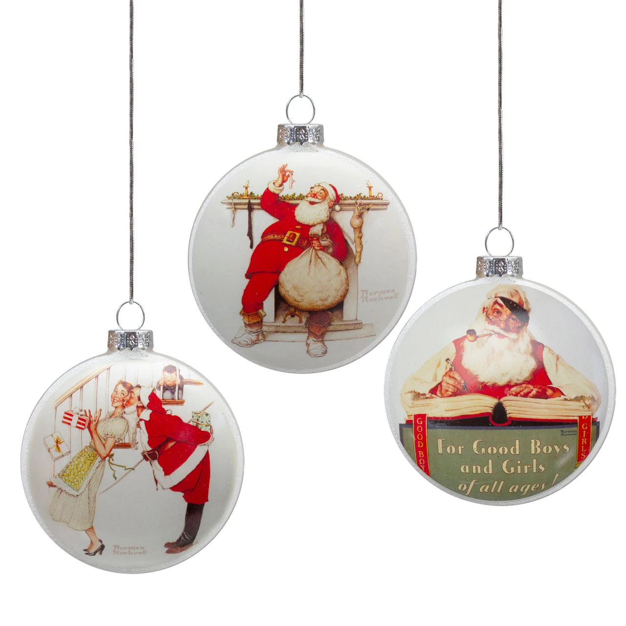Set Of 3 Glass Norman Rockwell Christmas Disc Ornament 3 Set Of 3 Glass Norman Rockwell Christmas Disc Ornament