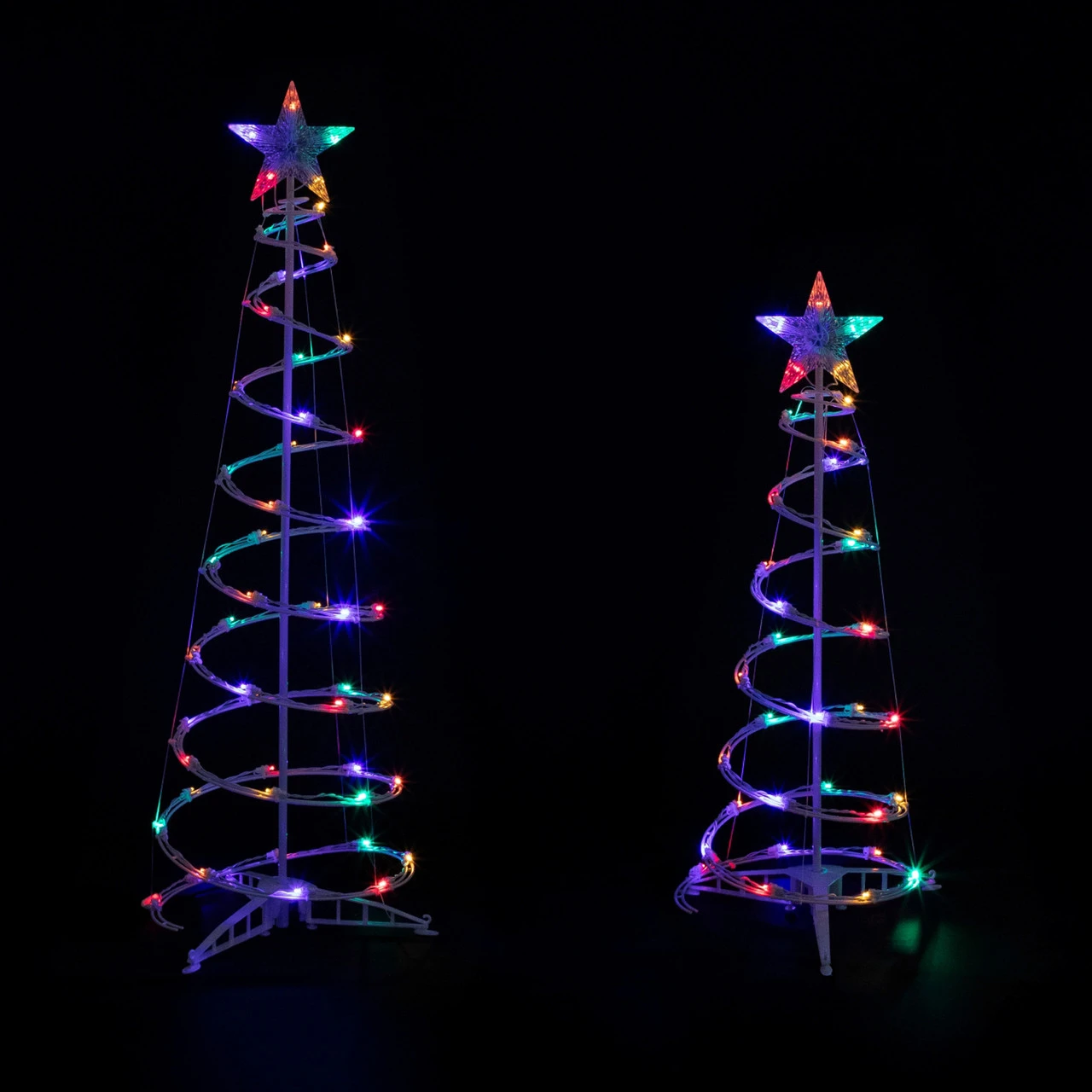 Set Of 2 LED Lighted Multi-Color Outdoor Spiral Christmas Cone Trees 3', 4' 3 Set Of 2 LED Lighted Multi-Color Outdoor Spiral Christmas Cone Trees 3', 4'
