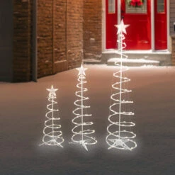 Set Of 3 LED Lighted Warm White Outdoor Spiral Christmas Cone Trees 3', 4', And 6'