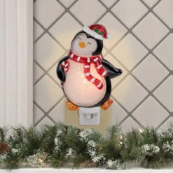 6" Black And Red Happy Penguin In Santa Hat Christmas Night Light