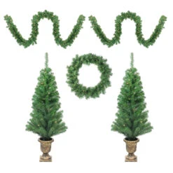 5-Piece Pre-Lit Artificial Winter Spruce Christmas Trees, Wreath And Garland Set - Clear Lights