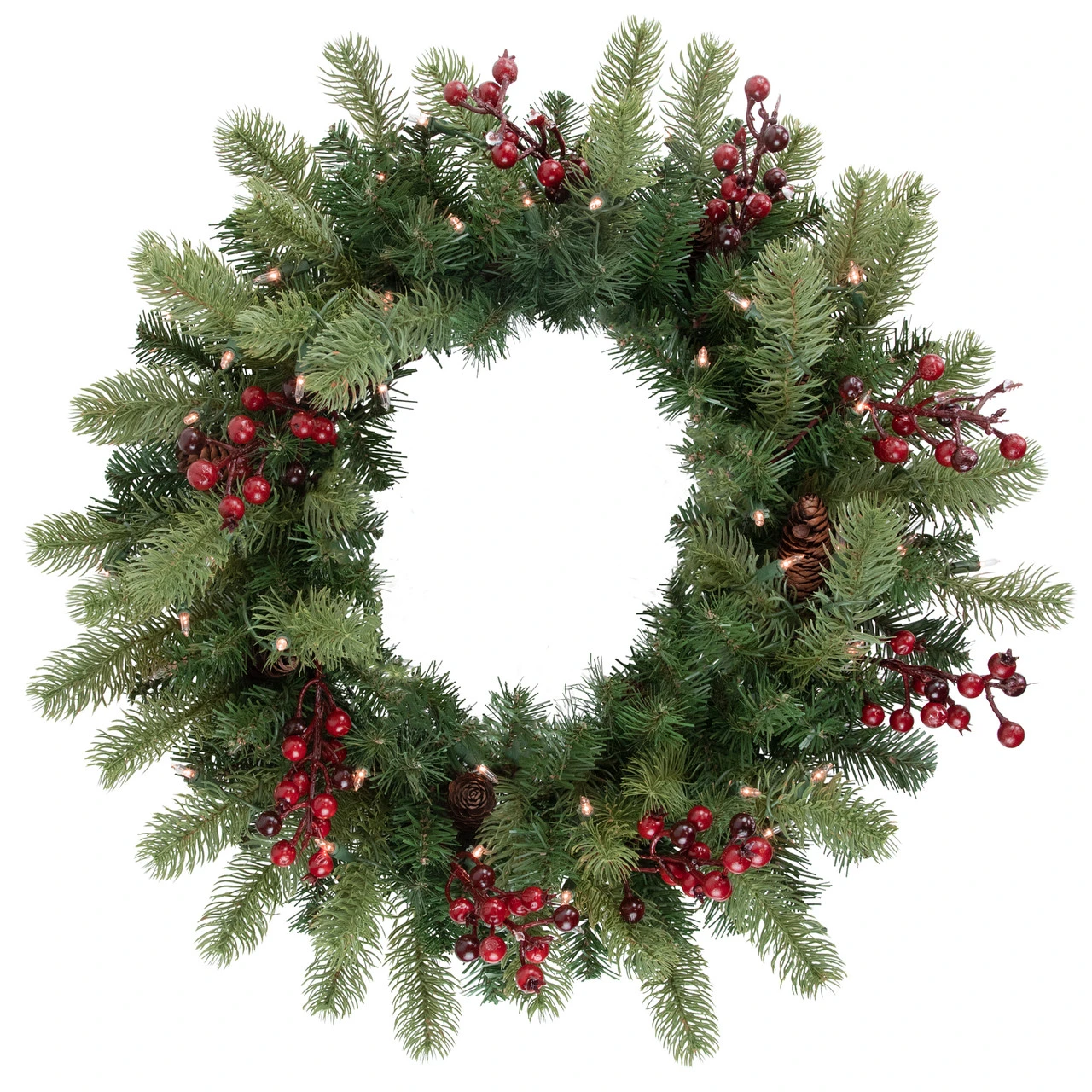 Pre-lit Noble Fir With Red Berries And Pine Cones Artificial Christmas Wreath - 24" - Clear Lights 4 Pre-lit Noble Fir With Red Berries And Pine Cones Artificial Christmas Wreath - 24" - Clear Lights - Image 2