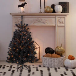 4ft Pre-Lit Black Noble Spruce Artificial Halloween Tree, Orange Lights