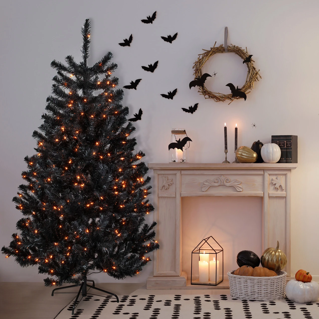 6ft Pre-Lit Black Noble Spruce Artificial Halloween Tree, Orange Lights 3 6ft Pre-Lit Black Noble Spruce Artificial Halloween Tree, Orange Lights
