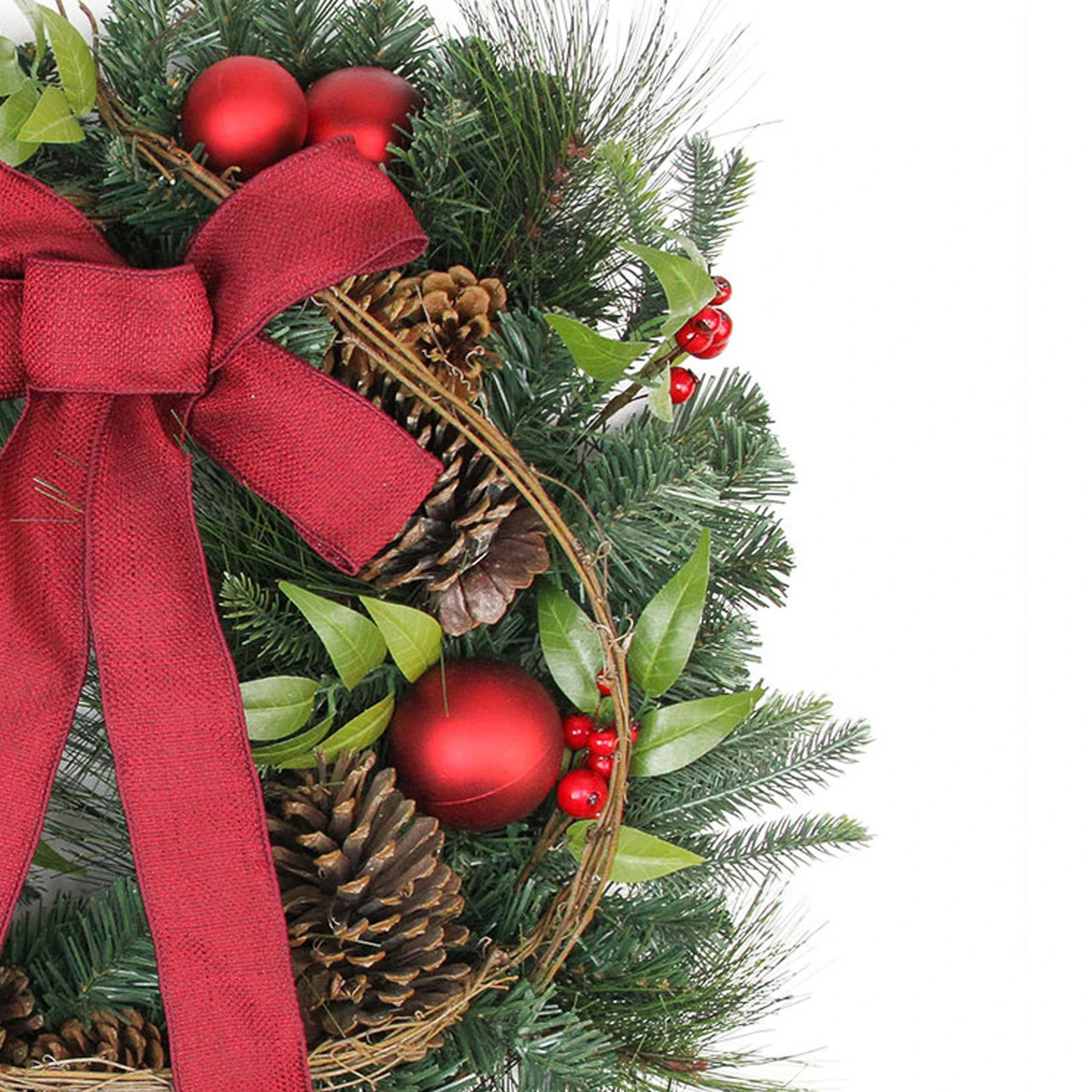Red Berries And Ball Ornaments Artificial Christmas Wreath With Ribbon - 24-Inch, Unlit 6 Red Berries And Ball Ornaments Artificial Christmas Wreath With Ribbon - 24-Inch, Unlit - Image 4