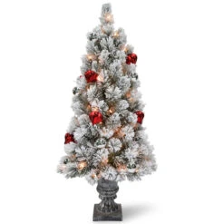 4’ Pre-Lit Snowy Bristle Pine Entrance Tree With Clear Lights In Silver Pot