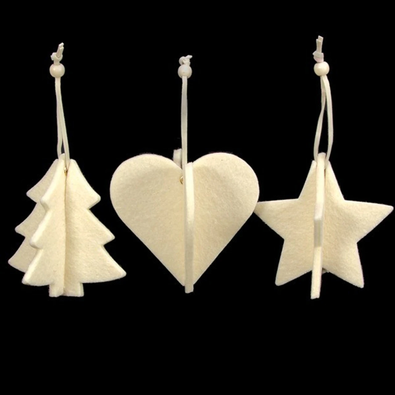 Club Pack Of 15 Ivory Tree, Heart And Star 3D Felt Ornaments 3 Club Pack Of 15 Ivory Tree, Heart And Star 3D Felt Ornaments