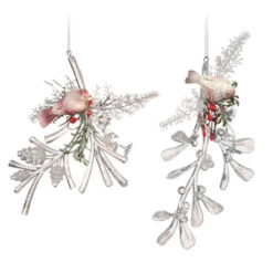 Pack Of 4 Clear Icy Crystal Decorative Christmas Bird On Branch Ornaments 6"