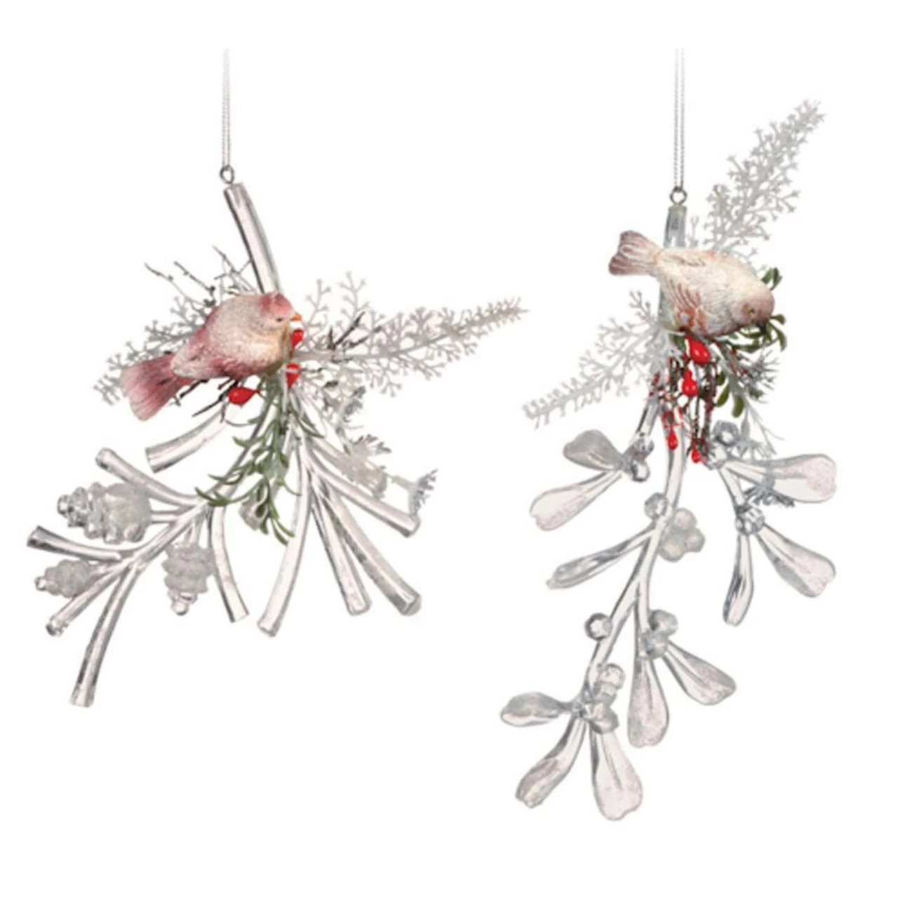 Pack Of 4 Clear Icy Crystal Decorative Christmas Bird On Branch Ornaments 6" 3 Pack Of 4 Clear Icy Crystal Decorative Christmas Bird On Branch Ornaments 6"