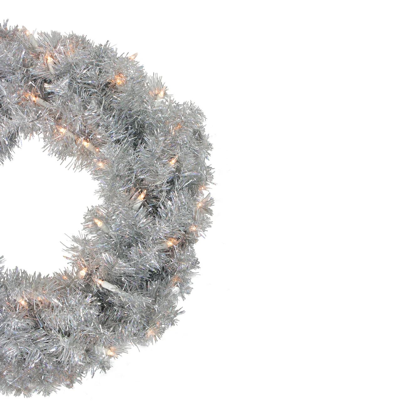 24" Pre-Lit Silver Sparkling Tinsel Artificial Christmas Wreath - Clear Lights 4 24" Pre-Lit Silver Sparkling Tinsel Artificial Christmas Wreath - Clear Lights - Image 2