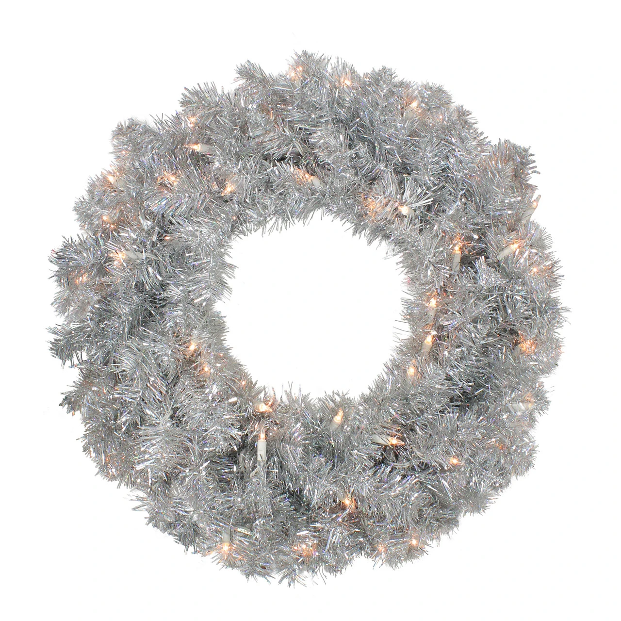 24" Pre-Lit Silver Sparkling Tinsel Artificial Christmas Wreath - Clear Lights 3 24" Pre-Lit Silver Sparkling Tinsel Artificial Christmas Wreath - Clear Lights