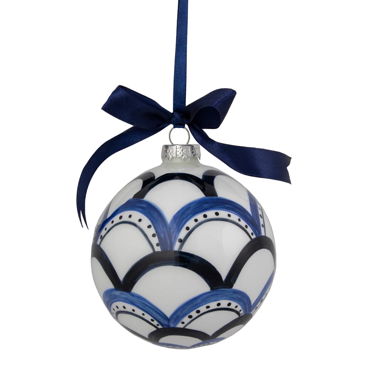 4" White And Blue Scallop Glass Christmas Ball Ornament 4 4" White And Blue Scallop Glass Christmas Ball Ornament - Image 2